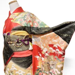 振袖　身丈166　金彩　金駒刺繍　牡丹　御所車　七宝　正絹　着物　033b p