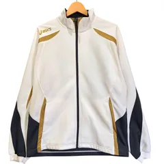 ?アシックス asics ジャージ 上 トラックジャケット XAT108 メンズ Oサイズ ホワイト ゴールド ブラック 白 金 黒 トレーニングウェア スポーツウェア 吸汗速乾 ジップアップ 陸上 部活 古着 希少デザイン 大きいサイズ / MS403
