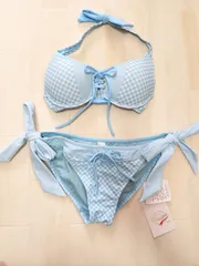 ビキニ水着BLUEチェックボーダー9МラヴューLAタグあり未使用