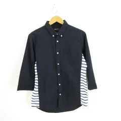 ビームスハート BEAMS HEART ボタンダウンシャツ 七分袖 ボーダー 紺 L *A934