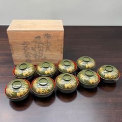 輪島塗 金蒔絵 天然木 漆器 蓋付き椀 9客セット『松と鷹』アンティーク 輪島塗 金蒔絵 天然木 漆器 蓋付き椀 9客セット『松と鷹』アンティーク
