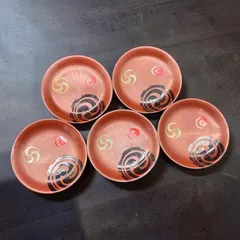 【5客セット】 蔵出し 朱塗 巴文 銘々皿 丸盆 漆器 渦巻き 塗物 盆 和食器 骨董品 アンティーク