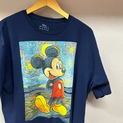 古着 2XL Disney Tシャツ 半袖 ネイビー 紺 プリント ミッキーマウス 絵画