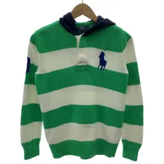 【中古】　POLO by RALPH LAUREN　ニットパーカー　ハーフボタン　フード　ボーダー　ワンポイント　ビッグポニー　刺しゅう　古着　/0126