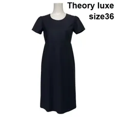 ◇ セオリーリュクス Theory luxe 半袖ワンピース ミディ丈 ラウンドネック フレア Aライン ダークネイビー 毛 36 S 7号 レディース S6D144