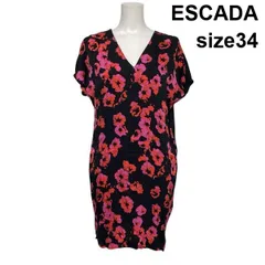 ◇ エスカーダ ESCADA チュニックシフトドレス ワンピース 膝丈 半袖 Vネック 花柄 黒 ブラック 赤系 34 S 7号 レディース S6D115のサムネイル