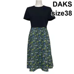 ◇ ダックス DAKS ドッキングワンピース ロング丈 半袖 花柄 刺繍 クルーネック フレア Aライン 紺 綿100％ 38 M 9号 レディース S6D112