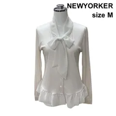◇ ニューヨーカー NEWYORKER ブラウス ボウタイ 長袖 ペプラム フリル カットソー シャツ 前空き ベージュ 綿混 M 9号 レディース Z6B953