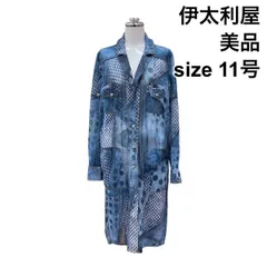 ◇ 美品 イタリヤ 伊太利屋 レースコート 長袖 ロング丈 シャツワンピース パッチワーク 白 ネイビー ブルー 11 L レディース Z6B504のサムネイル