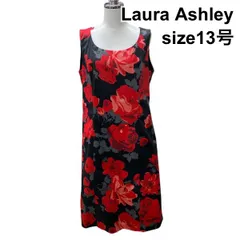 ◇ ローラアシュレイ Laura Ashley ワンピース ラウンドネック ノースリーブ ミディ丈 プリント 総柄 黒 赤 綿混 13 XL レディース Z6B945