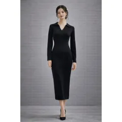 リブニット ワンピース レディース ロング タイト 襟付き Vネック ブラック