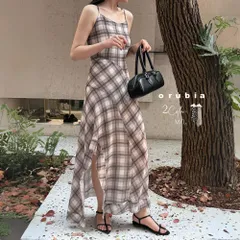 【在庫処分SALE】ワンピース キャミソール ノースリーブ バッククロス チェック 格子柄 サイドスリット ランダムヘム アシンメトリー 斜めライン 個性的 カジュアル  LCD-2504-001