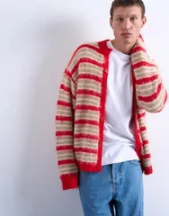 トップマン メンズ アウター カーディガン クルーネック Topman fluffy striped crew neck cardigan RED レッドのサムネイル