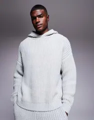 エイソス メンズ アウター ニット・セーター リブニット パーカー ASOS DESIGN oversized heavyweight rib knit hoodie Gray グレーのサムネイル
