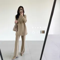 【在庫処分SALE】セットアップ ニット セーター ベスト パンツ タートルネック 長袖 Vネック サイドスリット ワイドレッグ シンプル エレガント スタイリッシュ 暖かい 3点セット LCD-2512-006