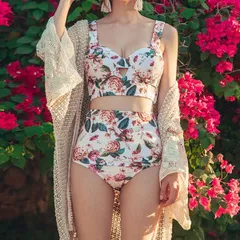 【在庫処分SALE】セパレート ハイウエスト 水着 ビキニ フラワー モチーフ 海 夏 ビーチ リゾート 花柄 白 スイムウエア LCM-2002-011