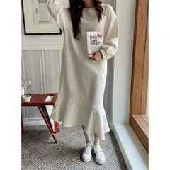 【在庫処分SALE】ワンピース ロング 長袖 マーメイド カジュアル シンプル クルーネック 韓国 LKD-2203-002