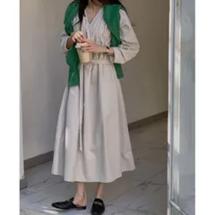 【在庫処分SALE】ワンピース 長袖 シャーリング ギャザー Vネック Aライン フレア ベルト 七分袖 ナチュラル 韓国 LKD-2302-001