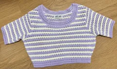 ストライプ クロップド 半袖 ニット ラベンダー