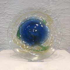 現代の名工・遺作】稲嶺盛吉作 琉球ガラス皿22cm土灰泡 飾り台付
