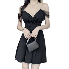 [Takusan Shopping] フレアドレス パール ミニドレス キャバ オフショルダー 胸元セクシー ミニワンピース ミニタイト 肩紐 カシュクール (JP, アルファベット, L, ブラック) [ブラック] [L]