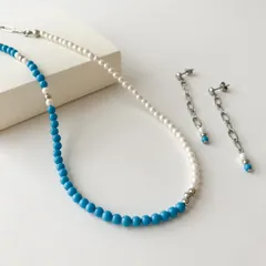 148. 【セット】ターコイズ アシンメトリーネックレス、ピアス/イヤリング セット