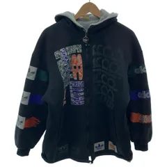 【中古】　adidas　ジップアップパーカー　90s vintage　90年代　OLD　ボアパーカー　フード　フルジップ　総柄　ブランドロゴ　プリント　デサント製　AA-4149　日本製　スポーツ　古着　/2002
