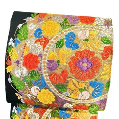 未着用　袋帯　唐織　花模様　花紋　金糸　黒地　着物　033b p