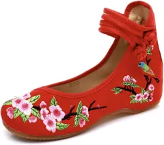 ドナリー チャイナシューズ フラットシューズ 花刺繍 中華風 インヒール レディース (レッド,  22.5 cm)