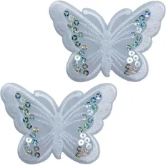 ドナリー 蝶々 ワッペン アイロン 2枚セット スパンコール アップリケ 刺繍 ハンドメイド 手芸 DIY リメイク 補修 (ホワイト,  縦6.5cm横9cm)