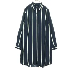 美品 TOMMY HILFIGER トミーヒルフィガー ストライプ柄 長袖 ハーフボタン シャツワンピース L/G ネイビー系 レディース 古着