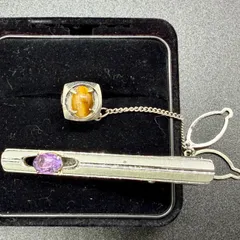 【セット】アメジスト ネクタイピン タイガーアイ タックピン シルバーカラー 天然石 ヴィンテージ