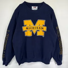 古着 90's/90年代 USA製 スウェット カレッジロゴプリント ミシガン MICHIGAN 袖ロゴプリント トレーナー L  ネイビー メンズ