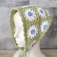 バブーシュカ　ハンドメイド　ニットスカーフ　三角巾　三角スカーフ　手編み　バンダナ　モチーフ編み　つけ襟　ヘッドスカーフ