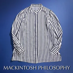 cW67 現行 MACKINTOSH PHILOSOPHY ノーカラー バンドカラーシャツ ブラウス ストライプ 比翼ボタン 長袖 ストライプド ホワイト 白 ネイビー 紺 マッキントッシュフィロソフィー