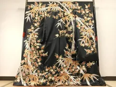 平和屋着物●十日町老舗ブランド　吉澤友禅　吾妻徳穂　振袖　駒刺繍　枝花文　黒地　仮絵羽　逸品　未使用　AABH0798fy
