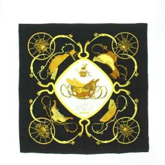 エルメス HERMES SPRINGS スプリングス カレ90 スカーフ ポケットチーフ 黒 ブラック 白 ホワイト 黄色 馬車柄 馬具柄 ロゴ入り /RI ■OS ■OH