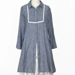 日本ヴィンテージ レースピンタック リネンブレンド シャツ ロング丈ワンピース ブルー デニム 森ガール はぐみ 룩 ギャル y2k