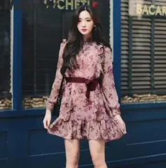 桜ルック)ミルココア シフォン フリル ピンク ロマンティック ONE PIECE