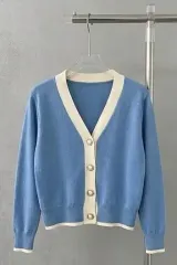 バイカラー Vネック ニット カーディガン スカイブルー 66-77