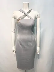 2561 Veautt ヴュート キャバクラ ドレス ジップスリット ストーン ビジュー シアー ミディ タイト 伸縮性 キャバドレス S