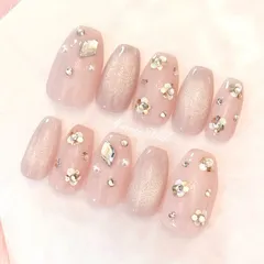 No.119オーダー♡量産型ワンホン韓国フレンチガーリースナ系ネイルチップ パールニュアンスお花フラワーマグネットピンク