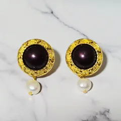 淡水パール イヤリング ダークブラウン ゴールド 揺れる 上品 秋冬 結婚式 フォーマル 一点物