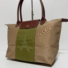 LONGCHAMP ロンシャン ル プリアージュ トートバッグ 肩掛け ショルダーバッグ エッフェル塔 刺繍 ベージュ カーキ バイカラー カスタマイズ オーダーメイド MADE IN FRANCE フランス製 B537