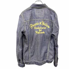 古着 パープルアンドイエロー 少し薄手 デニムジャケット Gジャン ジージャン 背中に英字刺繍 長袖 綿×ポリ XL LL ブルー 青 レディース
