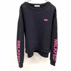 【中古】[印象B] MILKFED ミルクフェド スウェットシャツ / トレーナー レディース ONE SIZE ネイビー×ピンク 紺 綿100% ショート丈 胸にミニロゴワッペン 裏起毛 プリント 長袖 ロングテールのサムネイル