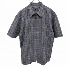 【中古】[印象AB] HUSH PUPPIES ハッシュパピー クレープシャツ メンズ L ネイビー 紺×白 綿100% 裾の両側にスリット フルジップ チェック 犬の刺繍 半袖 ボックスカットのサムネイル