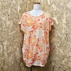 古着 バーンドア BARNDOOR Tシャツチュニック 花柄イラスト キモノスリーブ ショートスリーブ M オレンジ×サーモンピンク レディース