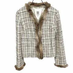 【中古】[印象AB] MK MICHEL KLEIN ミッシェルクラン ジャケット レディース 38 オフホワイト 白系×茶×黒 綿×アクリル(ファー：ラビット) 裏地付き ウエストの両側にポケットあり 肩パッド入り(厚さ約2.5cm) チェック 長袖のサムネイル