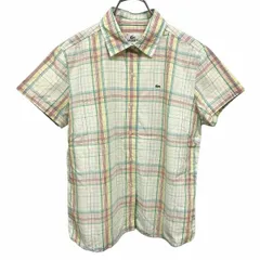 古着 ラコステ LACOSTE シャツ チェック ワニの刺繍 ポケット無し 半袖 綿×ナイロン×ポリ 42 グリーン 緑×オレンジ×赤 レディース